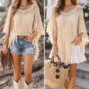 Elegant Cream Knit Poncho Sweater